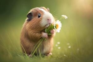 Cute guinea pig on green meadow with daisies in paws photo