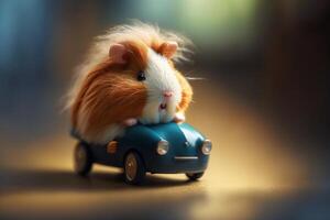 Happy guinea pig kid rides a toy car photo