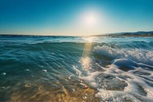 Summer landscape, nature of tropical with rays of sun light. Beautiful sun glare in wave of transparent blue water on beach against blue sky. photo