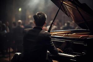 Rear view of a male pianist playing a grand piano at a concert, A pianist playing a grand piano with passion and expertise, photo