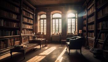 Modern library shelves hold antique literature for comfortable studying indoors generated by AI photo