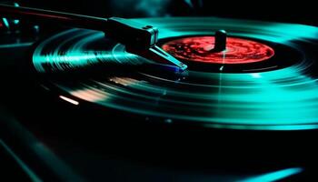 Spinning turntable ignites glowing blue flame in abstract nightclub circle generated by AI photo