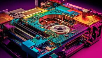 Complexity of computer equipment circuit board, CPU, semiconductor, capacitor generated by AI photo