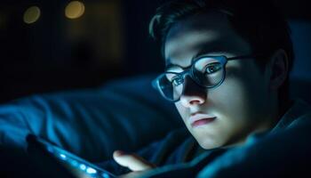 Young adult caucasian male reading on illuminated digital tablet indoors generated by AI photo