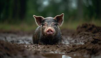 Cute piglet grazing in the meadow, looking at camera generated by AI photo