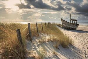 A photograph of a deserted beach with an old broken fence running along the dunes in the foreground and clusters of sea oats. photo