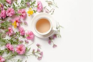 Floral banner and cup of tasty tea. photo