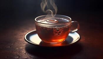 Fresh coffee steam rises from elegant glass mug generated by AI photo