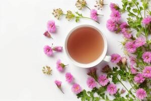 Floral banner and cup of tasty tea. photo