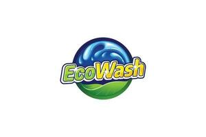 eco wash logo with a combination of leaves, water splashes, bubbles, and typography with an eye catching look for laundry business, car wash, etc. vector