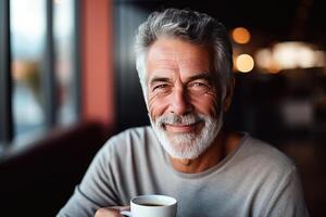 Close up portrait of mature senior male with cup of coffee. photo