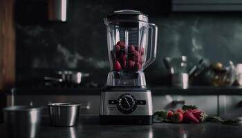 Organic berry smoothie made with fresh fruit using electric mixer generated by AI photo