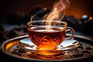 Steaming Cup of Classic Black Tea, Close-up Shot, photo