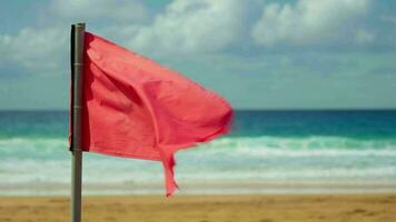 A red flag on the beach, waving in the wind. video