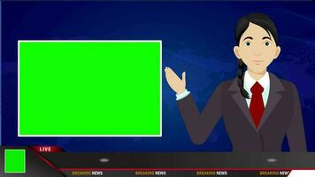 Breaking news lower third green screen display woman cartoon reporter talking animation 4k video