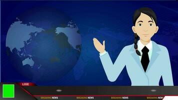 Breaking news lower third on planet earth woman cartoon reporter talking animation 4k video