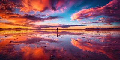 . . Bolivia salt lake. Pink clouds reflect on water lake surface. Adventure travel vacation outdoor nature vibe. Graphic Art photo