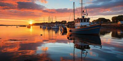 . . Nature outdoor landscape of yacht marine boat ship at dock port harbour. Vacation relax landscape background vibe. Graphic Art photo