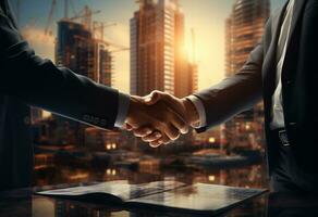 photo american business male people shaking hands skyscrapers in the background