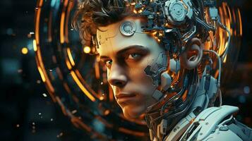 Connection male human and artificial intelligence robot. The concept of merging a person and a computer with neural networks in the future. AI generated photo