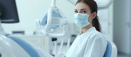 Female doctor wearing mask and gloves next to patient on dental chair with mouth mirrors photo