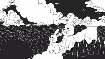 coelhos dentro lavanda campo bw kawaii lo fi animado fundo. coelhos Assistir comovente nuvens japonês desenho animado animê lofi estético viver papel de parede animação. monocromático fofa calafrio 4k vídeo movimento gráfico video