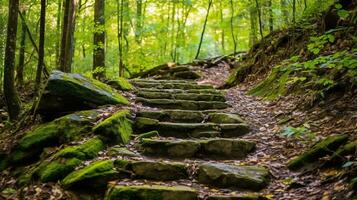 Hiking trails in the mountains, curved natural stone steps, AI generated photo