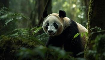 Cute panda eating bamboo in the wild, surrounded by nature generated by AI photo