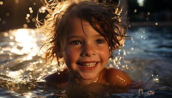 Smiling child enjoys summer fun, happiness outdoors, joyful swimming generated by AI photo