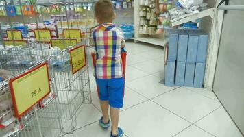 pequeno Garoto rolando compras carrinho dentro supermercado video