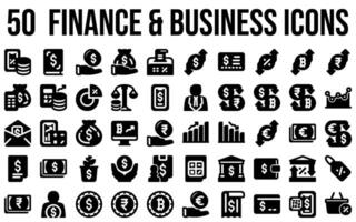 Finance business icons, in glyph style, for any uses including banking, business, finance, saving, investment, wealth, and money. vector