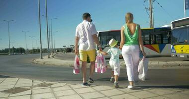 família com compras bolsas cruzando a estrada video