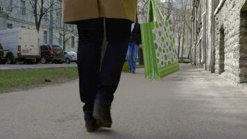 mulher caminhando dentro a cidade e carregando compras saco video