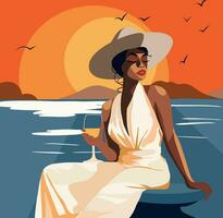 Resort summer vacation. A young woman in a dress sits on a terrace by the sea with a glass in her hands against the backdrop of a sunset seascape. Girl tourist on vacation. flat design vector