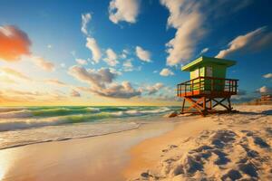 Sunrise embrace Miami's South Beach with lifeguard tower, vibrant clouds, and blue skies AI Generated photo