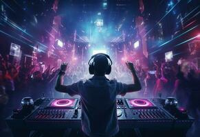 Ai generative DJ playing and mixing music in nightclub party at night . EDM dance music club with crowd of young people photo