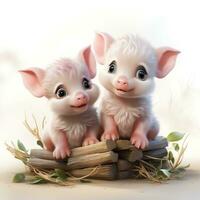 Cute and Fluffy Baby Pigs in Disney Style Clipart on White Background AI Generated photo