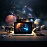 Laptop on the table against the background of the planet and the universe. AI Generative photo