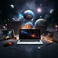 Laptop on the table against the background of the planet and the universe. AI Generative photo