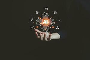 AI, Artificial Intelligence, Concept global data connection with Internet technology, using online transaction with AI by learning machine and big data, database management, cloud computing photo