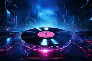 Vinyl record in neon light. Vinyl player in retro style. Close-up. Music concept photo