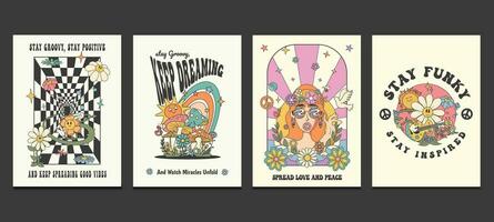 groovy hippie 70s posters with psychedelic cartoons, vector illustration