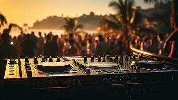 Dj mixing outdoor at beach party festival with crowd of people in background. Generative AI photo