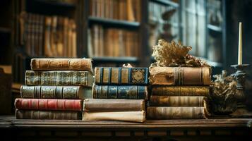 stacks of old literature in antique library photo