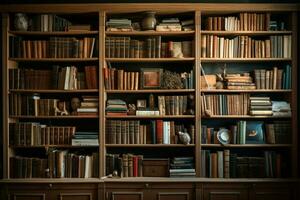 Abundant old fashioned books grace a grand wooden library bookshelf AI Generated photo