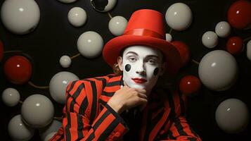 Classic clown portraiture rich in jovial red mysterious black and pristine white photo