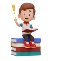 3D kid character get an idea when reading a book png