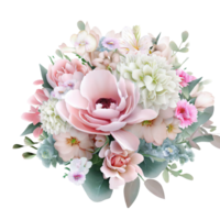 AI generated Beautiful bouquet of flowers isolated flowers illustration.gift box on white background Birthday, Wedding, Mother's Day, Valentine's day, Women's Day flowers and leaves for invitation png