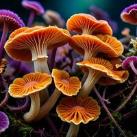 AI generated A group of orange and purple mushrooms. photo