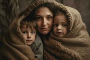 mujer con dos niños cubierto con mullido frazada. generar ai foto